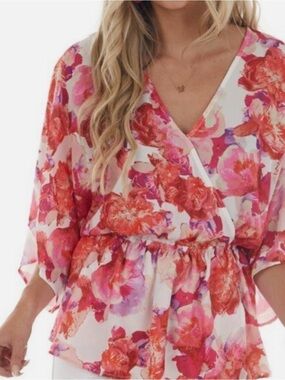 Flying Tomato Pink & Coral Floral Wrap Blouse